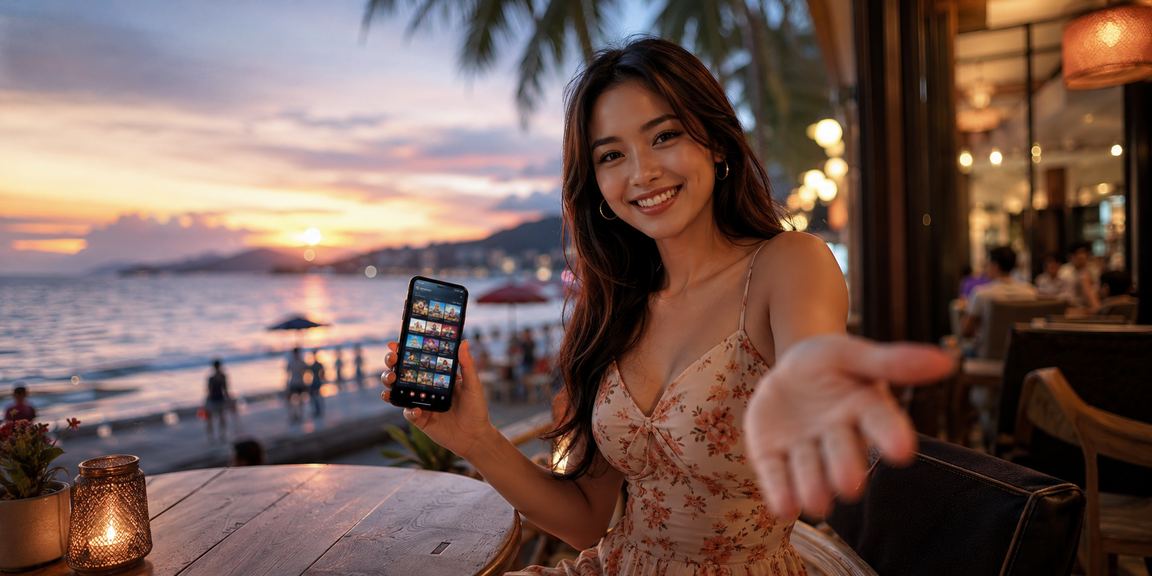 Aplikasi kasino gattouz0 digunakan di telefon pintar dengan latar belakang gaya Pulau Pinang